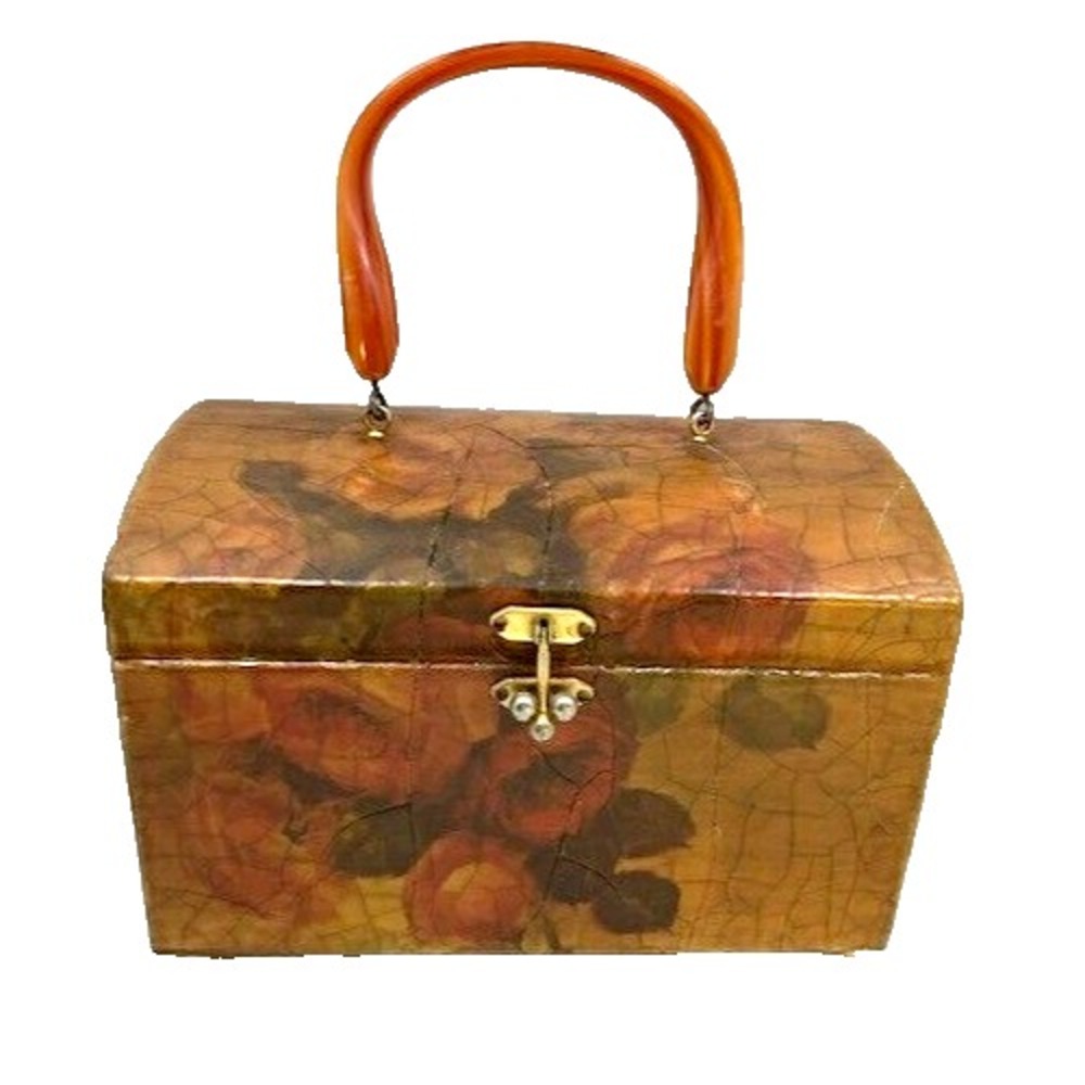 Vintage Floral Crackle Decoupage 1960s Textured Wood Purse Lucite Handle